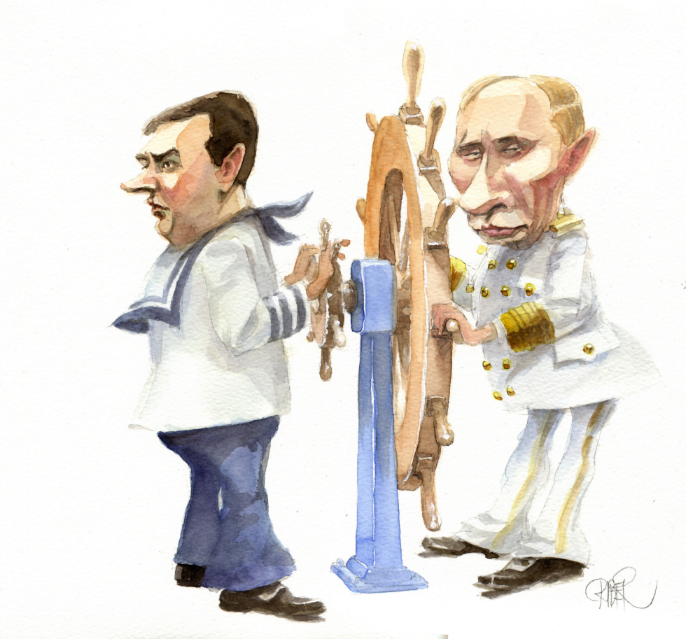  PUTIN AND MEDVEDEV IN FRONT OF STEERING  WHEEL by Riber Hansson