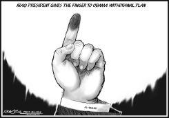 IRAQ PRESIDENT GIVES OBAMA THE FINGER B/W by J.D. Crowe