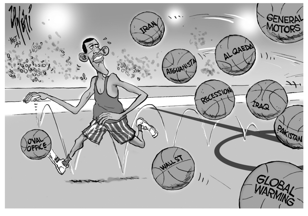 Obama the Globetrotter bw