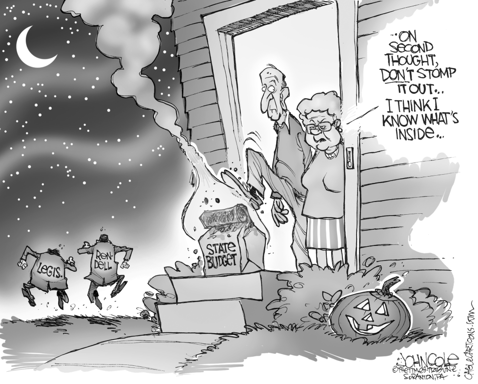 PA TOON -- Flaming bag of budget BW