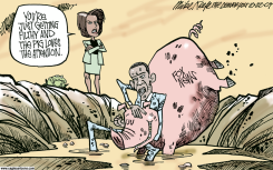OBAMA WRESTLES FOX  by Mike Keefe