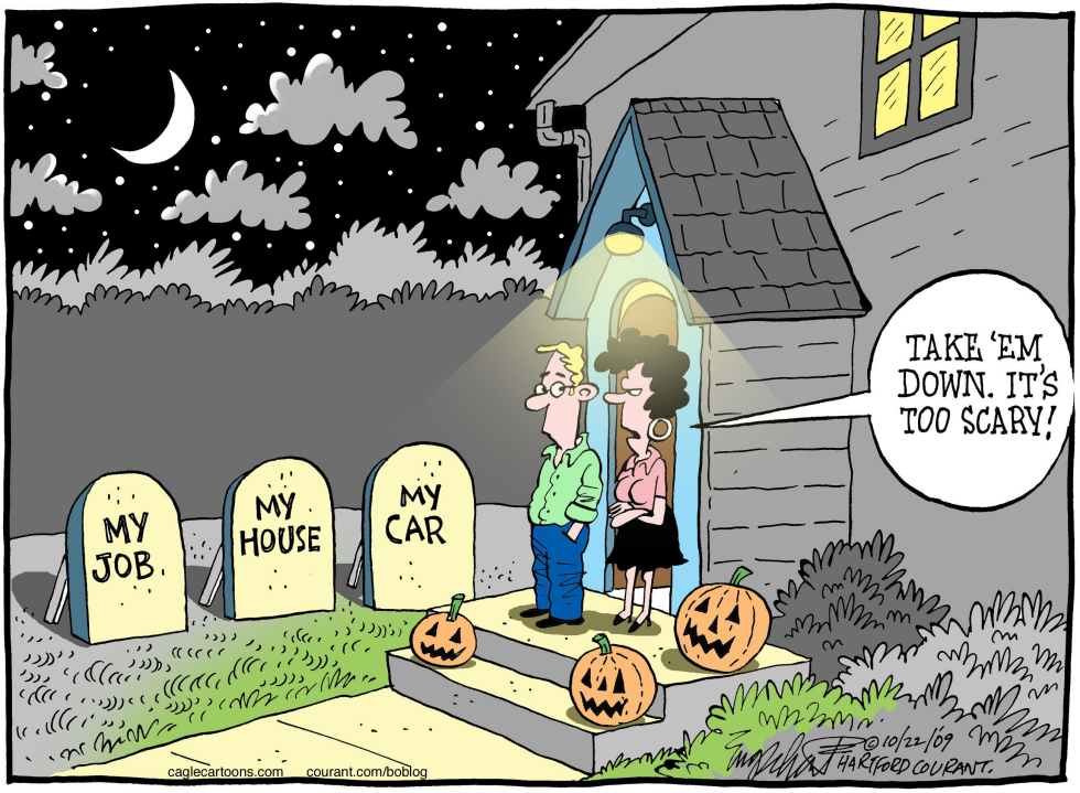 Couple takes down Halloween tombstones marking job, house and car losses