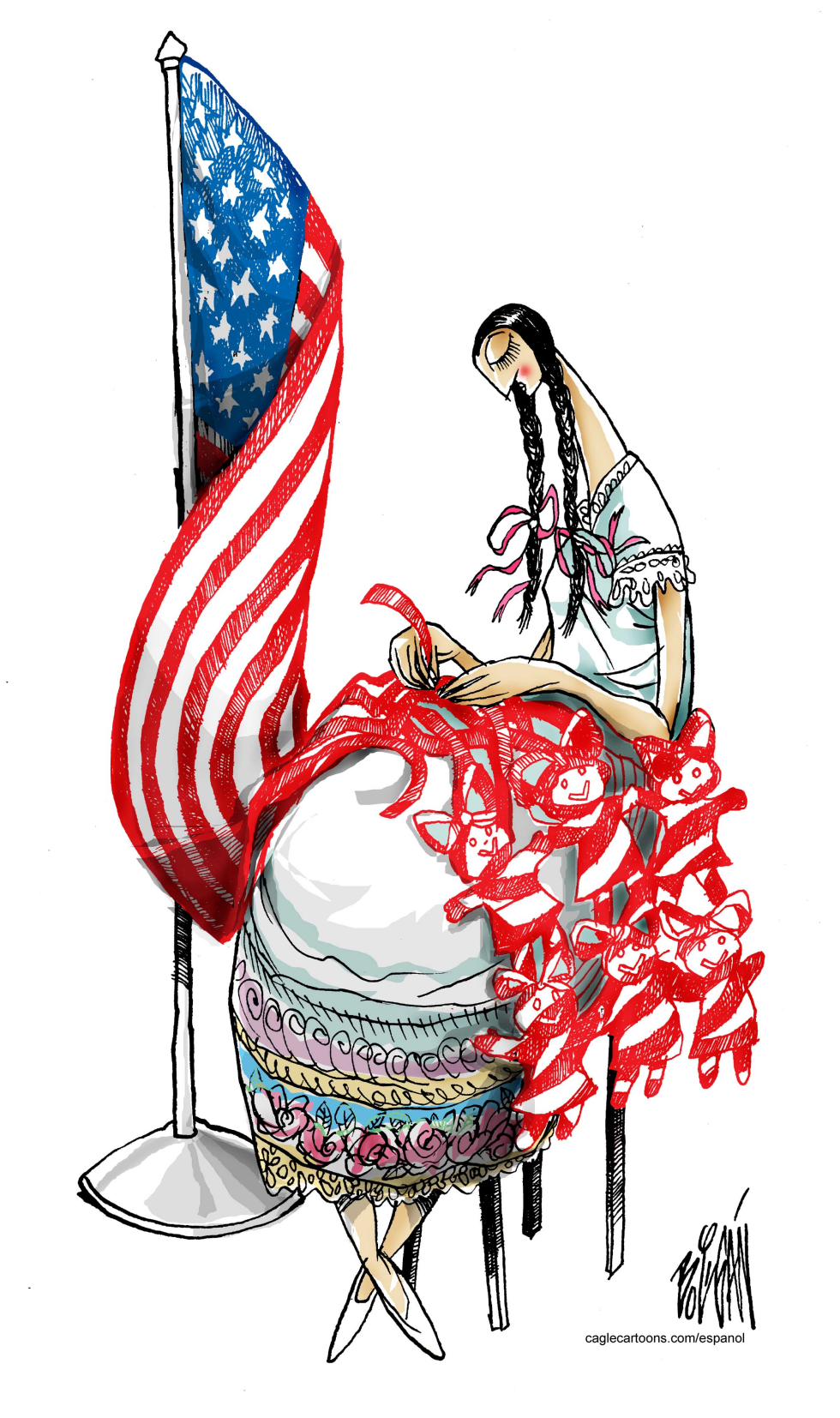 Latin American seamstress attaches striped figures beside US flag