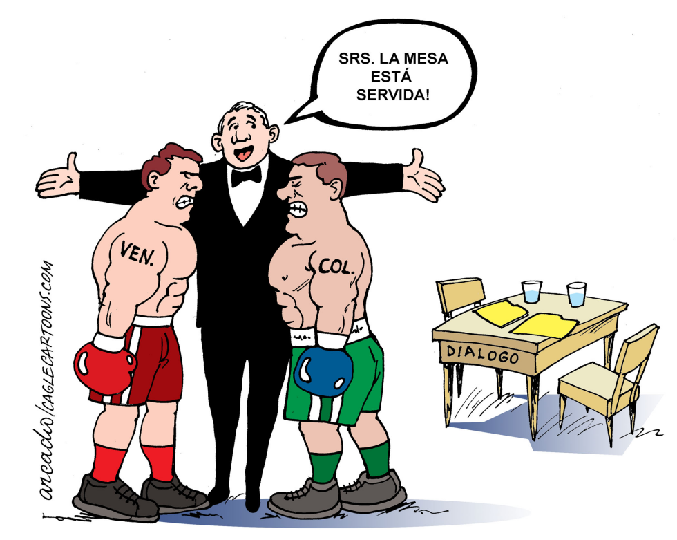 In this political cartoon, boxers marked VEN and COL face off but get steered toward a dialogue table, highlighting diplomacy over conflict.