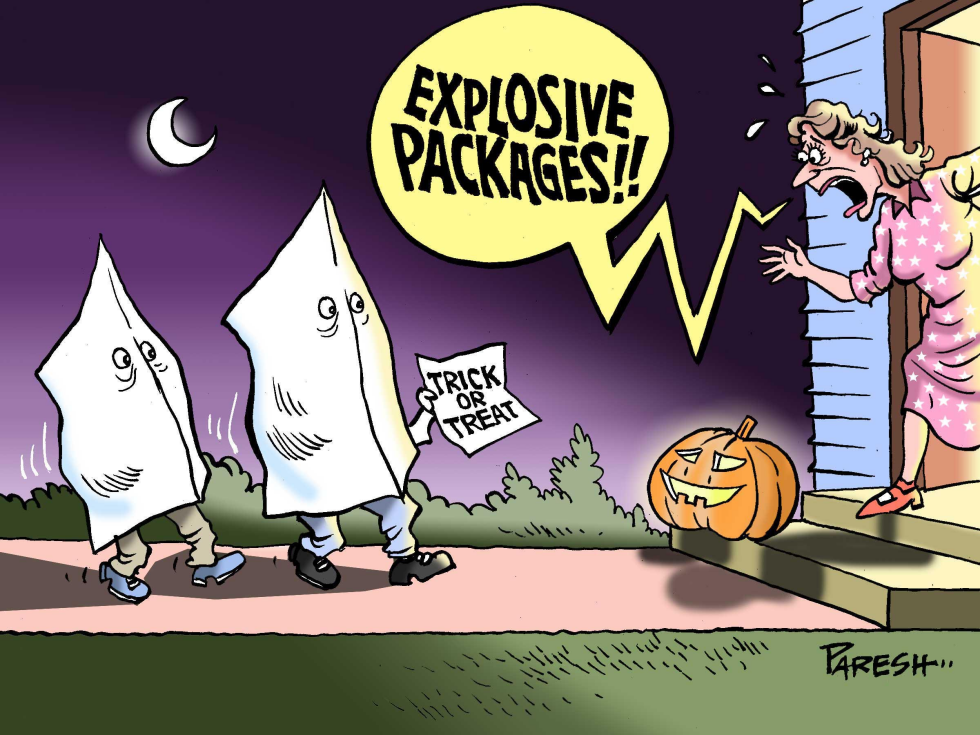 Ghostly figures deliver explosive packages on Halloween night