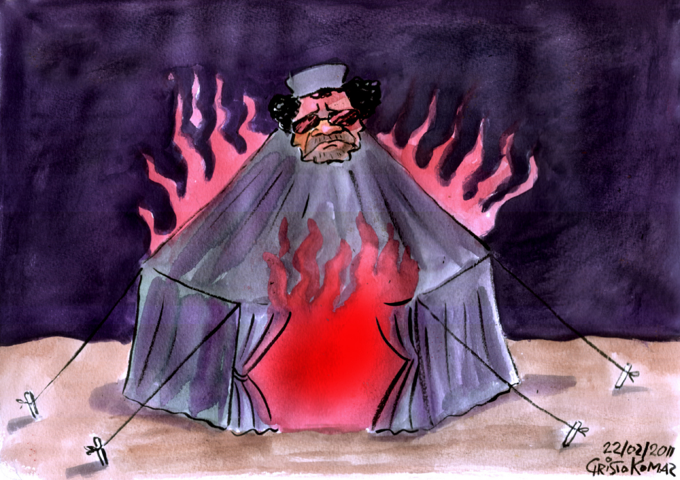Moammar Gadhafi tent on fire - color