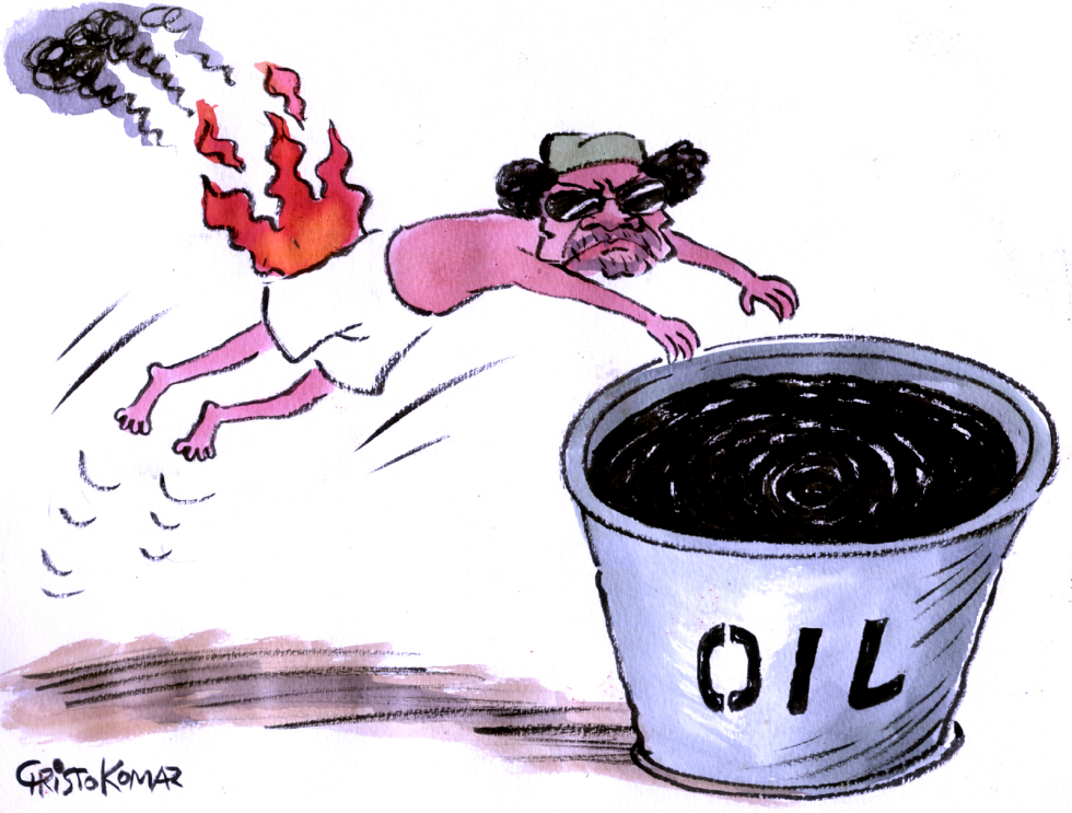 Moammar Gadhafi on fire - color