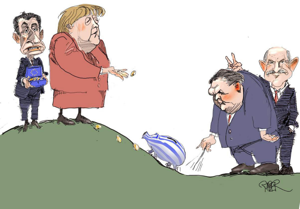  SARKOZY AND MERKEL CALLING GREECE PIGGYBANK by Riber Hansson