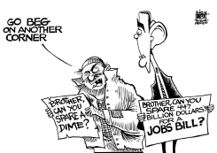 BEGGING FOR SUPPORT OF THE JOBS BILL, B/W by Randy Bish